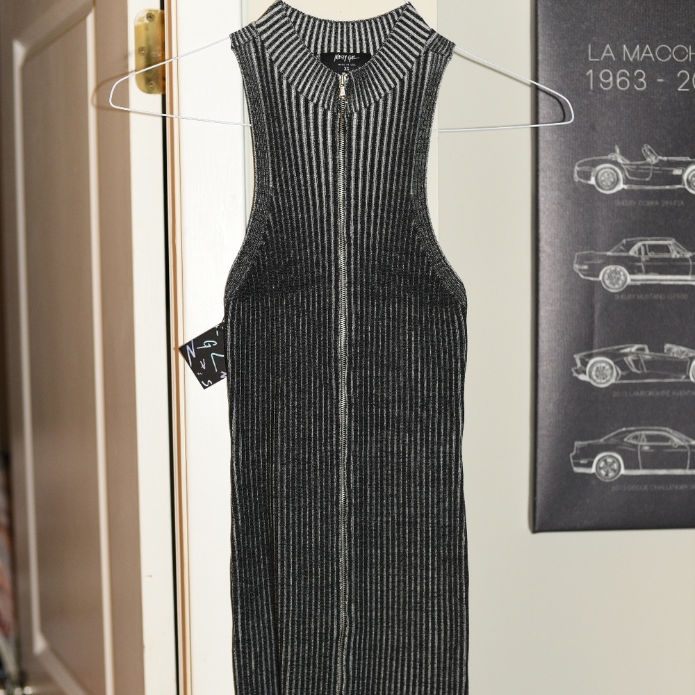 Nasty Gal Long Ribbed Black Zip Dress